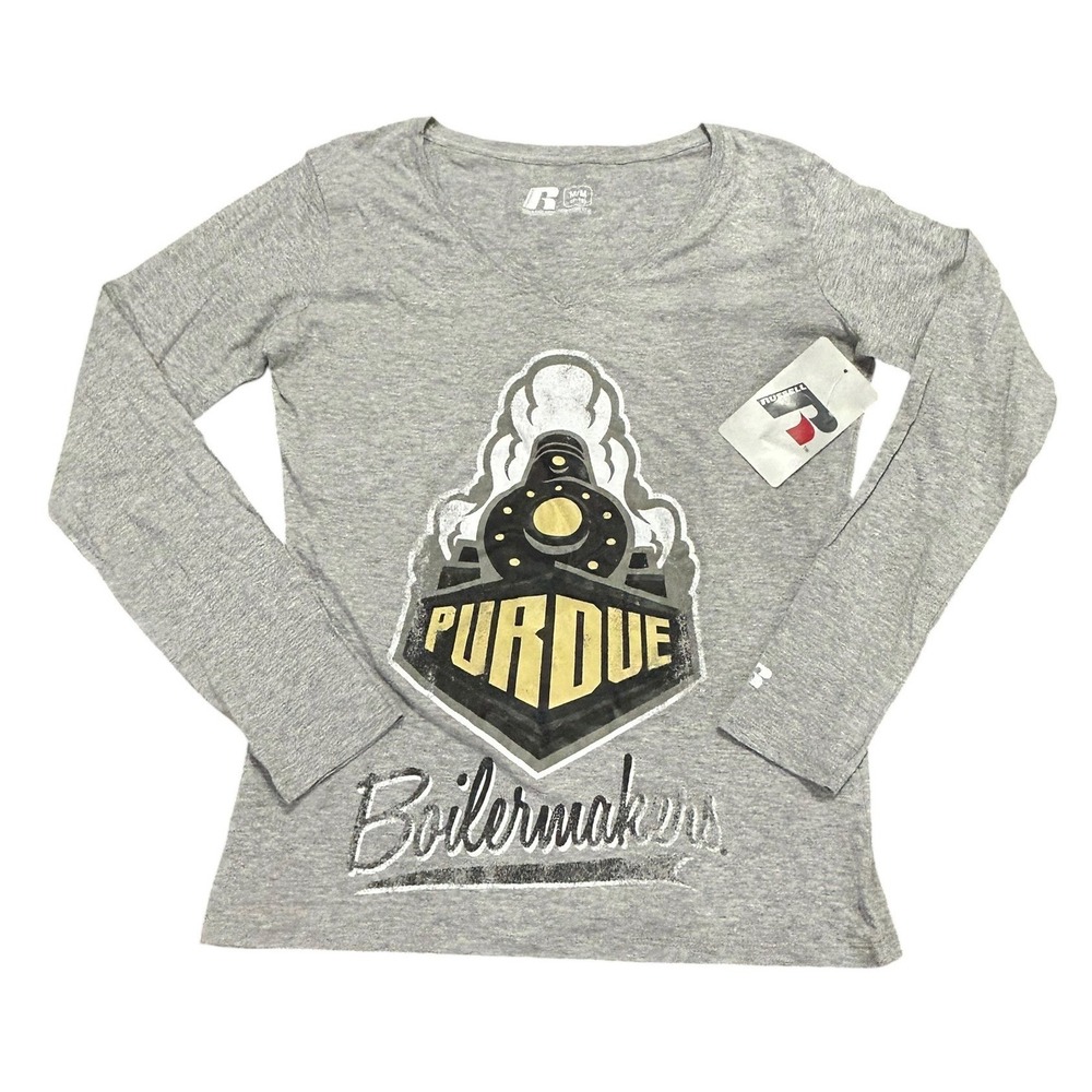 Purdue Boilermakers Long Sleeve V-Neck Graphic Tee Gray College Game Day NCAA
